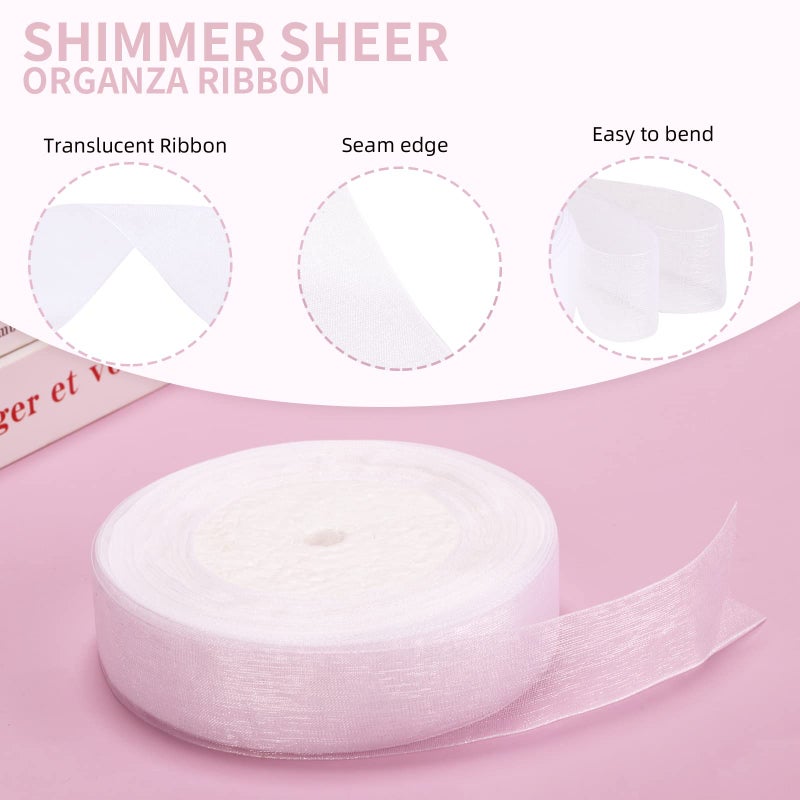 molshine 50 Yards x 1 Inch Shimmer Sheer Organza Ribbon,Chiffon Fabric Ribbons for Bouquets Garland,Bowknot,Wedding,Gift Wrapping,Hair,Crafts,Decoration (White) - Image 3